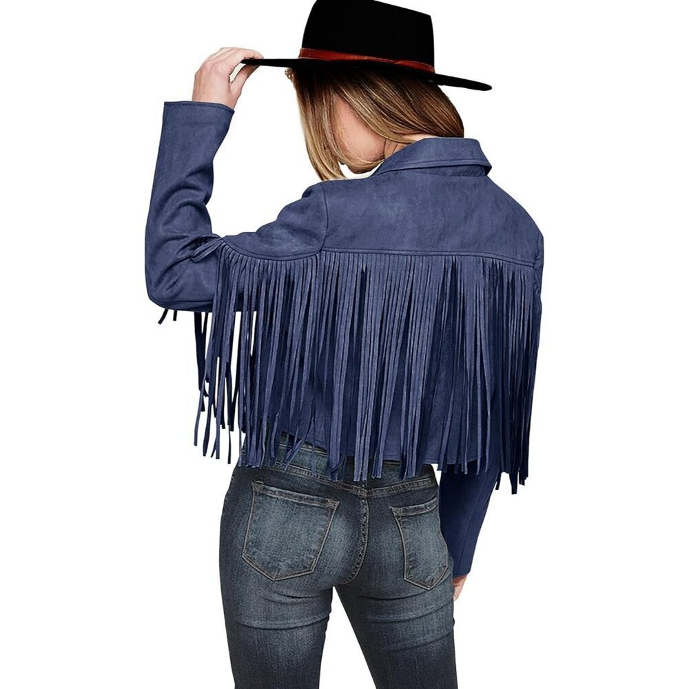 Women's Blue Fringe Faux Suede Leather Jackets Fall Fashion Tassel Motorcycle